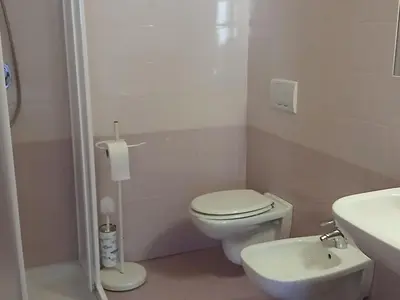 a white bathroom with a toilet and a sink at Ciasa Soppelsa 2 in Moena