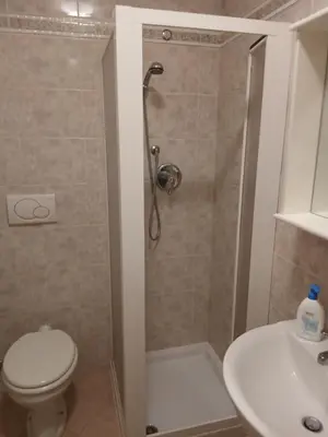 a bathroom with a shower and a toilet and a sink at Casa Soppelsa 1 in Moena
