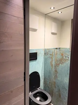 a bathroom with a toilet and a mirror at Dimora Alverà 19 in Cortina dʼAmpezzo