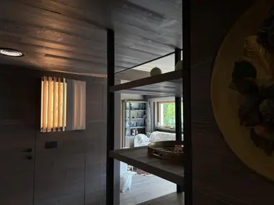 a hallway leading to a living room with wooden walls at Dimora Alverà 19 in Cortina dʼAmpezzo