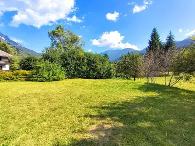 a field with trees and mountains in the background at Dolomites Garden Flat near Cortina in Villanova