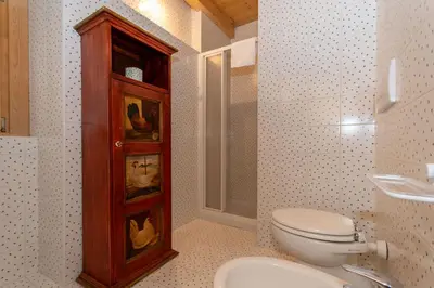 a bathroom with a toilet and a wooden cabinet at Serrai Lodge in Sottoguda