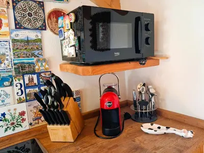 a counter with a microwave and a red heater on it at Maso Tre Cucù by Go New Location in Cavalese