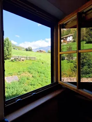 a window with a view of a green field at Maso Tre Cucù by Go New Location in Cavalese