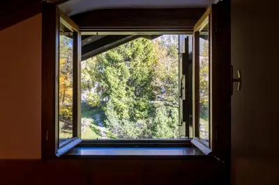an open window with a view of a forest at Villa Allegra Mountain view in Cortina dʼAmpezzo