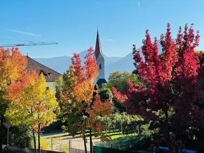 a church with a tower and a bunch of trees at Villa Ehrenburg - Private Apartments in Merano