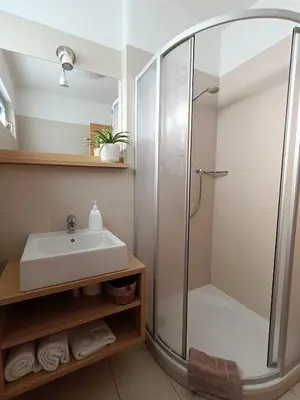 a bathroom with a shower and a sink at Villa Ehrenburg - Private Apartments in Merano