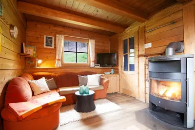a living room with a fireplace in a log cabin at Almliesl WELS-424 in Monguelfo