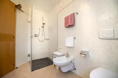 a bathroom with a toilet and a sink and a shower at Apartments Miara in Santa Cristina in Val Gardena