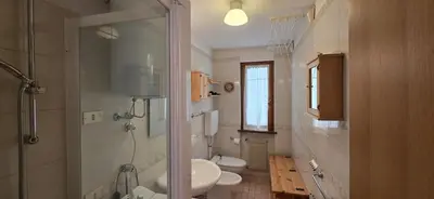 a bathroom with a sink and a toilet and a shower at Condominio de Rocia in Moena