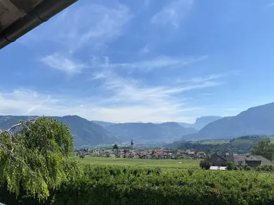 a green field with a town and mountains in the background at Platzlhof in Appiano sulla Strada del Vino