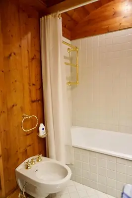 a bathroom with a toilet and a tub and a sink at Alverà Luxury apartment - centro Cortina d'Ampezzo in Cortina dʼAmpezzo