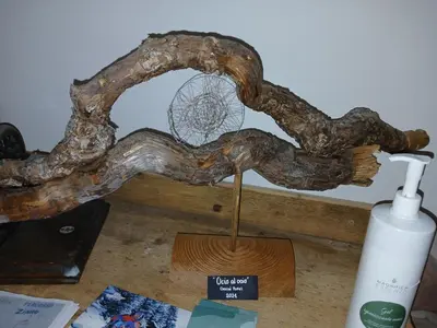 a tree branch with a fan on a table with a bottle of soap at BeB LA STUBE DEI PARTEL in Ziano di Fiemme