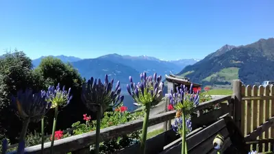 a garden with purple flowers and mountains in the background at Ferienwohnungen Wiesbauer in Schenna