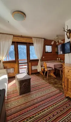 a living room with a television and a large rug at AF Casa Vacanze in Campitello di Fassa