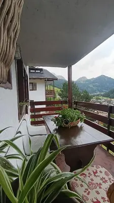 a wooden table with a potted plant on a balcony at AF Casa Vacanze in Campitello di Fassa
