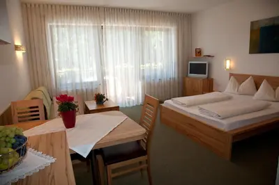 a bedroom with a bed and a table and a television at Living Apartments Morgenstern in Merano