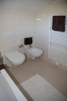 a white bathroom with a toilet and a sink at Living Apartments Morgenstern in Merano