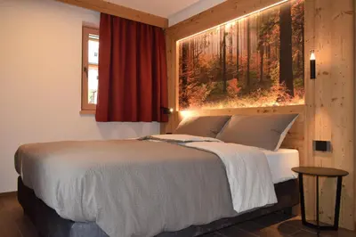 a bedroom with a bed with a large window at Chalet Radola in Campitello di Fassa