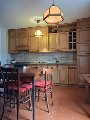 a kitchen with wooden cabinets and a table and chairs at Casa Tullia by Go New Location in Ziano di Fiemme