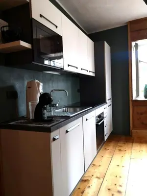 a kitchen with white cabinets and a cat sitting on the counter at Casa Angelica by Sunhome Fiemme in Varena