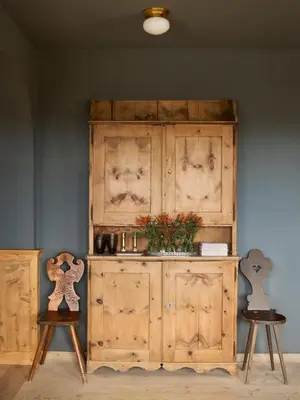 a wooden cabinet with a plant on it next to two chairs at Berghoferin Fine Hotel & Hideaway in Redagno