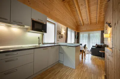 a kitchen with white cabinets and a wooden ceiling at Mayr Natur Apartments in Santa Cristina in Val Gardena