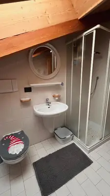 a small bathroom with a sink and a shower at Lauton Dolomiti Relax Apartment - mit Jacuzzi-Badewanne in Ziano di Fiemme