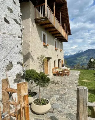a building with two potted trees in front of it at Historic Alpine Lodge In The Heart Of South Tyrol in Villandro