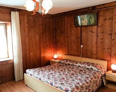 a bedroom with wood paneled walls and a bed at Casa Bruna by Go New Location in Varena
