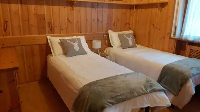 two beds in a room with wooden walls at Ca' del Ghiaccio in Cortina dʼAmpezzo