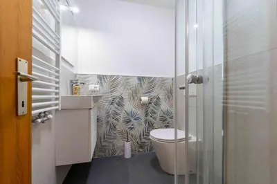a small bathroom with a toilet and a shower at Cesa Agnol in Mazzin