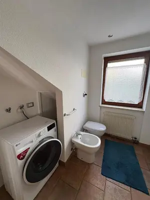 a bathroom with a washing machine and a toilet at Casa Girasole in Carano