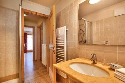 a bathroom with a sink and a mirror at Residence Amonit in Corvara in Badia