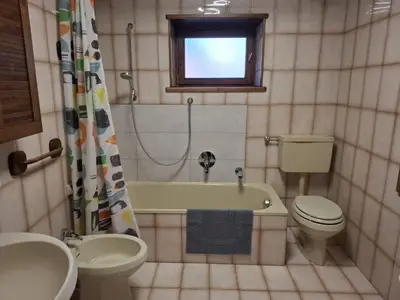 a bathroom with a tub and a toilet and a sink at Appartamenti - Sass de Stria Cernadoi Dolomiti in Andraz