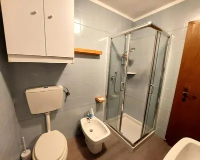 a small bathroom with a toilet and a shower at Two-bedroom apartment-Casa Pieri in Penia
