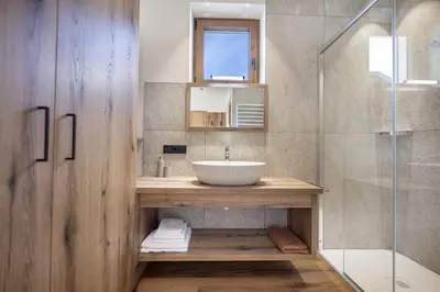 a bathroom with a sink and a glass shower at Tieja Panoramic Lodge in Selva di Val Gardena