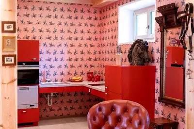 a kitchen with red cabinets and pink wallpaper at Wohnung PAUL in Soprabolzano
