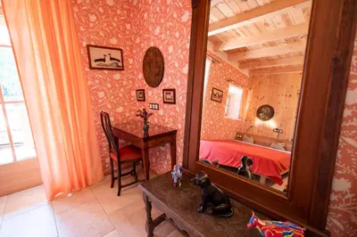 a mirror in a room with a dog sitting on a table at Wohnung PAUL in Soprabolzano