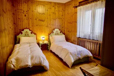 two beds in a bedroom with wooden walls and a window at Corso Italia Apartment - Magical view of the Dolomites in Cortina dʼAmpezzo