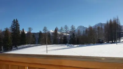 a view of a snow covered field with a fence at Chi Plans in Antermoia