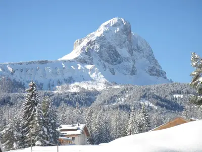 a mountain covered in snow with a house and trees at Chi Plans in Antermoia