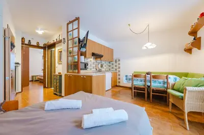 a kitchen and a living room with a bed in a room at Sasso Bianco Home - Mountain View & Private Parking in Sottoguda