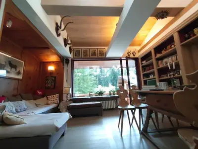a living room with a couch and a table at Cortina Olympics cosy apartment in Cortina dʼAmpezzo