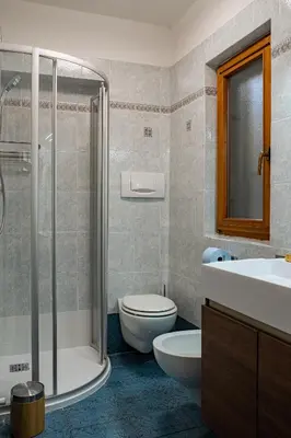 a bathroom with a shower and a toilet and a sink at MH Luxury Apartments in Cavalese