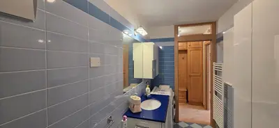 a blue bathroom with a sink and a mirror at Casa Aloch da Aldo Gianni in Pozza di Fassa