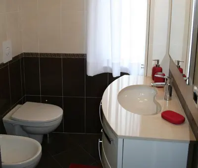 a bathroom with a white sink and a toilet at Casa Basilio in Predazzo