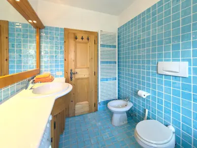 a blue tiled bathroom with a toilet and a sink at Homeby, Dimora Sopiazes in Cortina dʼAmpezzo