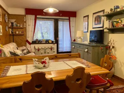 a living room with a table and a couch at Alloggio Il Cirmolo in Cavalese