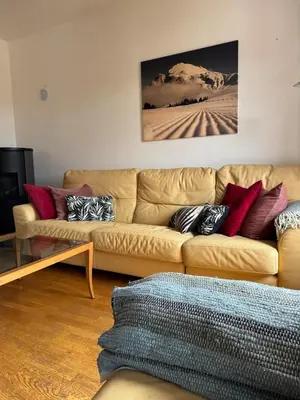a living room with a brown leather couch with pillows at Casa dei Vessi il cuore di Fondo in Fondo